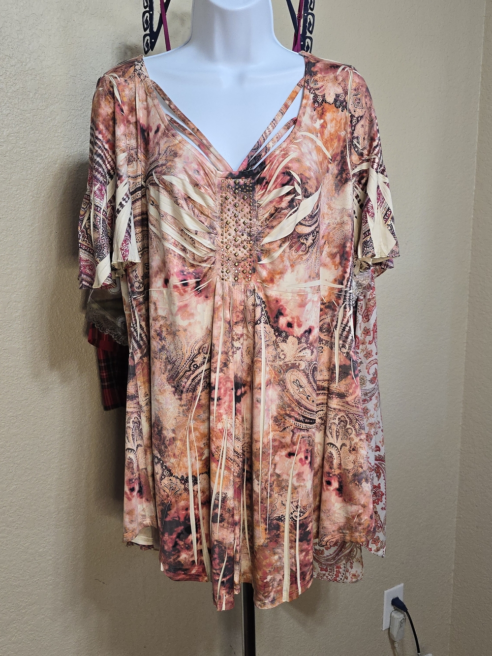 Women's V-Neck Embellished Boho Tunic - Peach Multi
